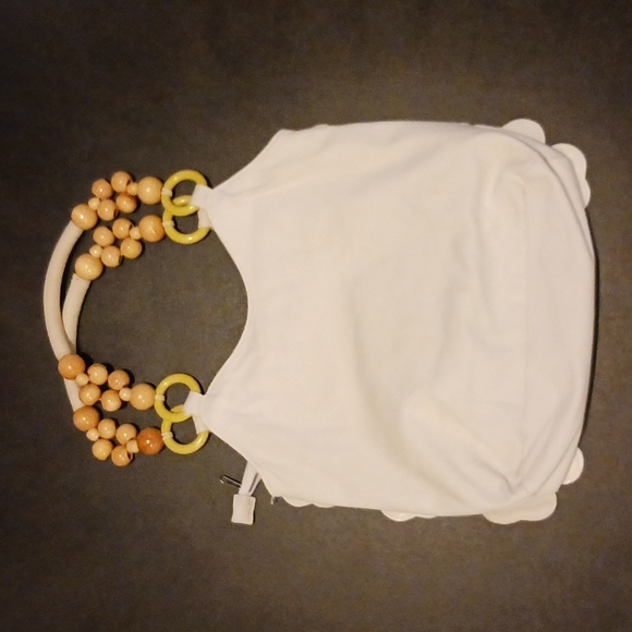 Cream canvas leather flower handbag - woven and beaded handles - Picture 4 of 8